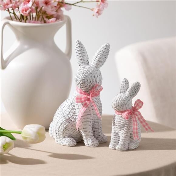 White Easter Bunny Figurines Set of 2 Spring Tabletop Decorations Home Decor - Picture 2 of 8